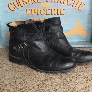 Frye distressed booties in black leather.